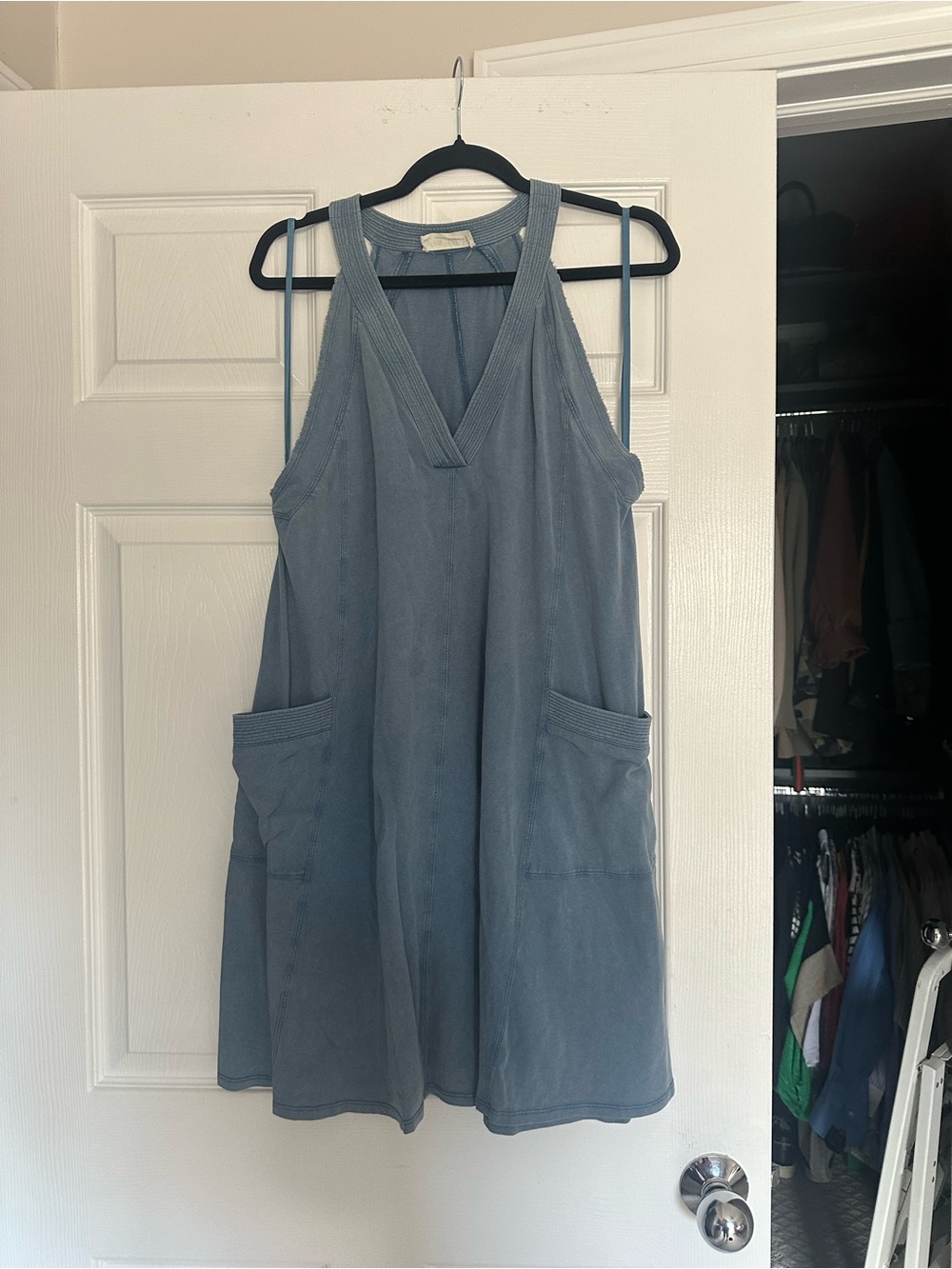 Sleeveless V-Neck Mini Dress with Front Pockets - Dusty Blue